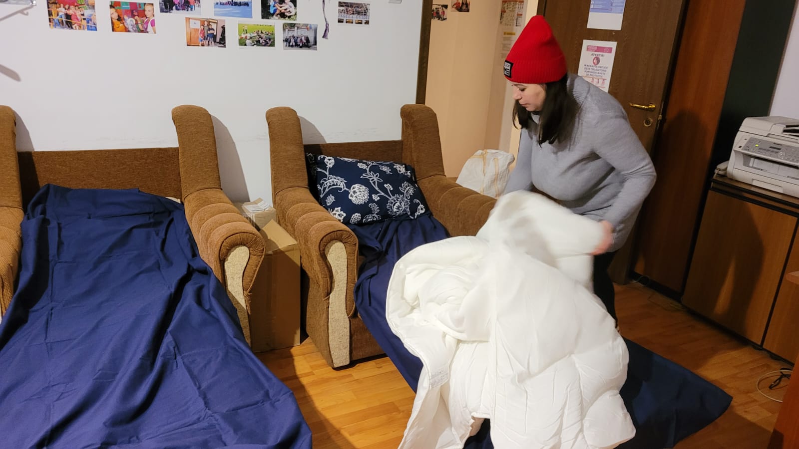 Setting up the 'chair beds' in Simona and Emilia's office